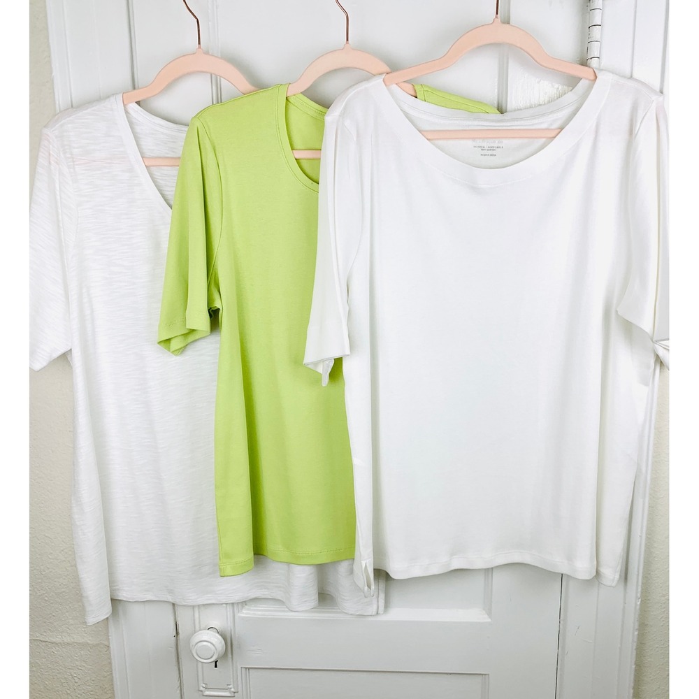 Chicos Set of 3 Green + White Cotton Ultimate T-Shirts SZ 3 XL Slub V Neck NWOT